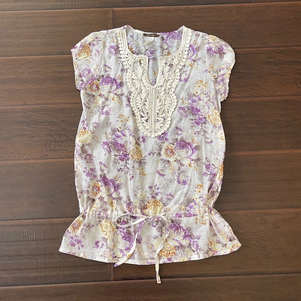 Feline Purple Floral Short Sleeve Embroidered Sheer Tunic Top Blouse Size Small